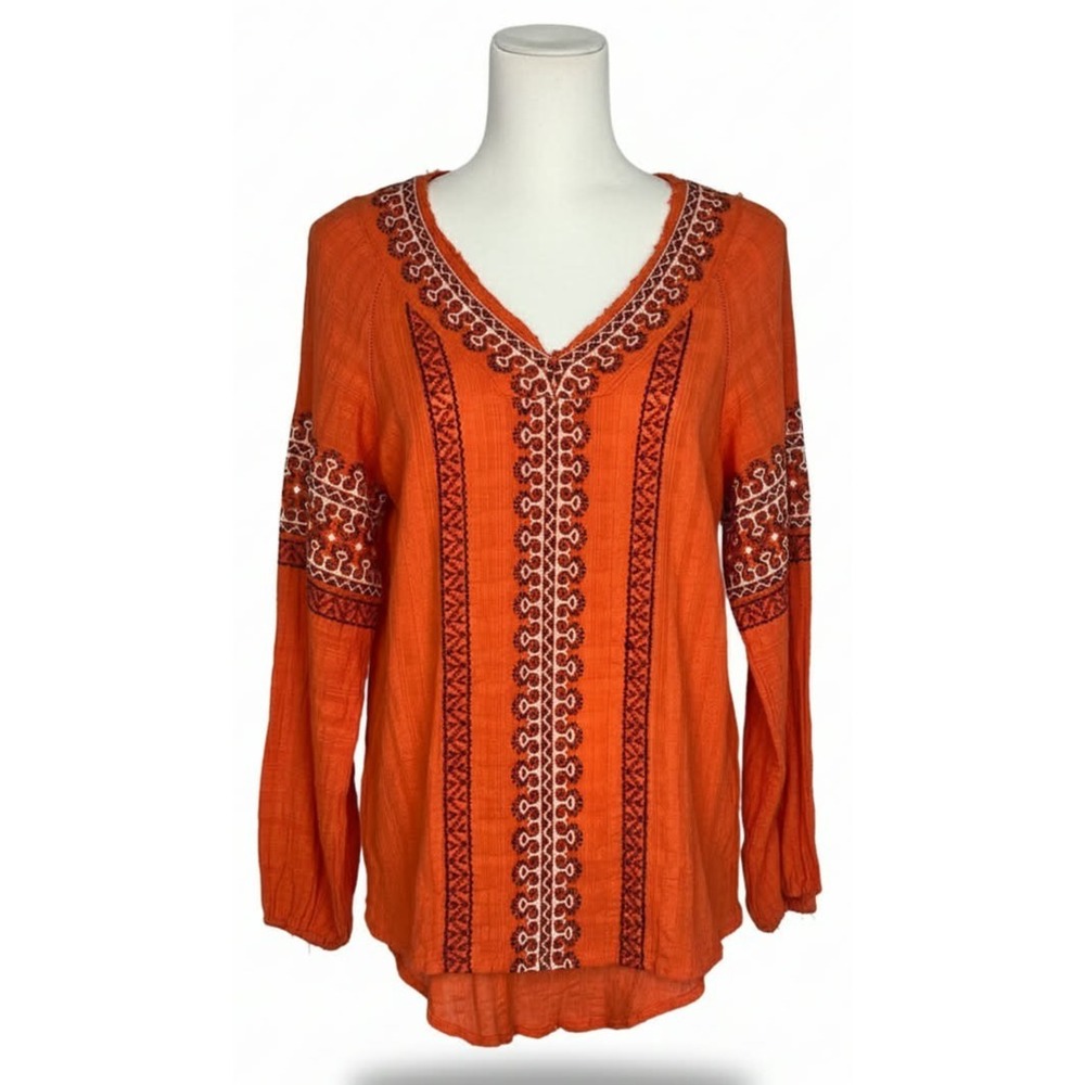 Free People Romantic Boho Tunic Top Size XS V-neck Long Sleeve Merlot Orange
